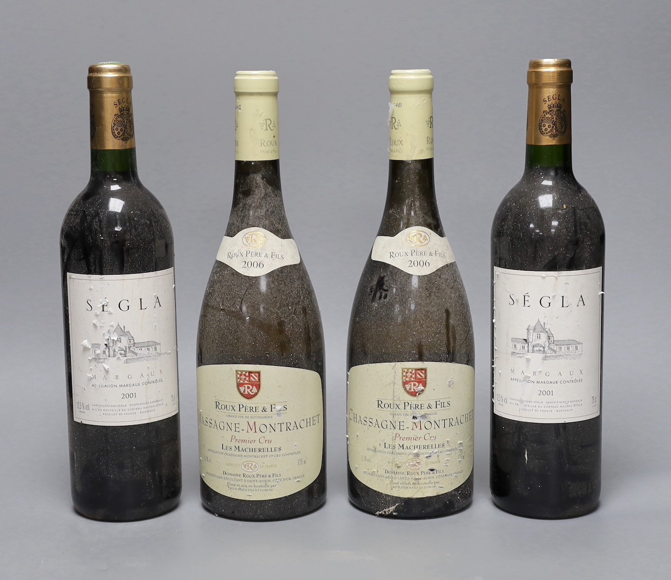 Wine: Two bottles of Roux Père & Fils Chassagne-Montrachet 2006 and two bottles of Ségla Margaux 2001